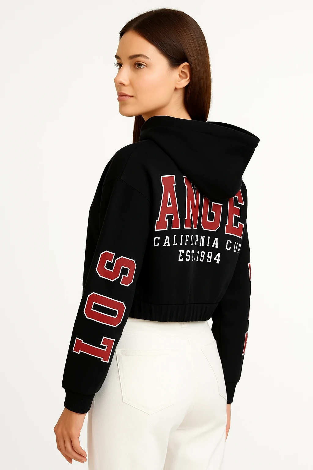 arka baskılı kısa kapüşonlu sweatshirt