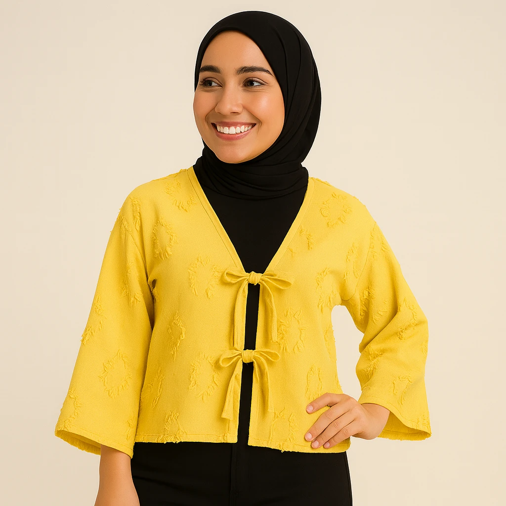 İki Bağlamalı Dokulu Crop Kimono Hırka
