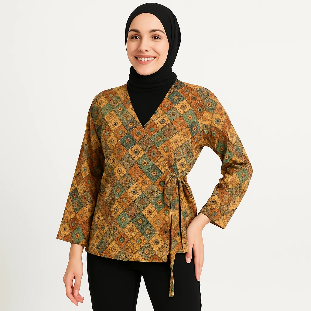 Desenli kuşaklı kimono