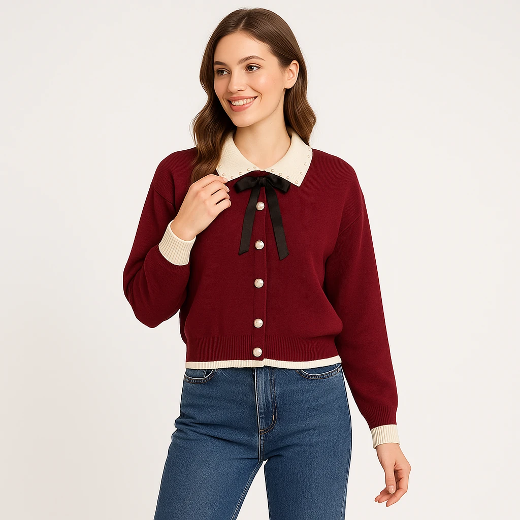 Fiyonk Bağlamalı İnci Düğmeli Hırka