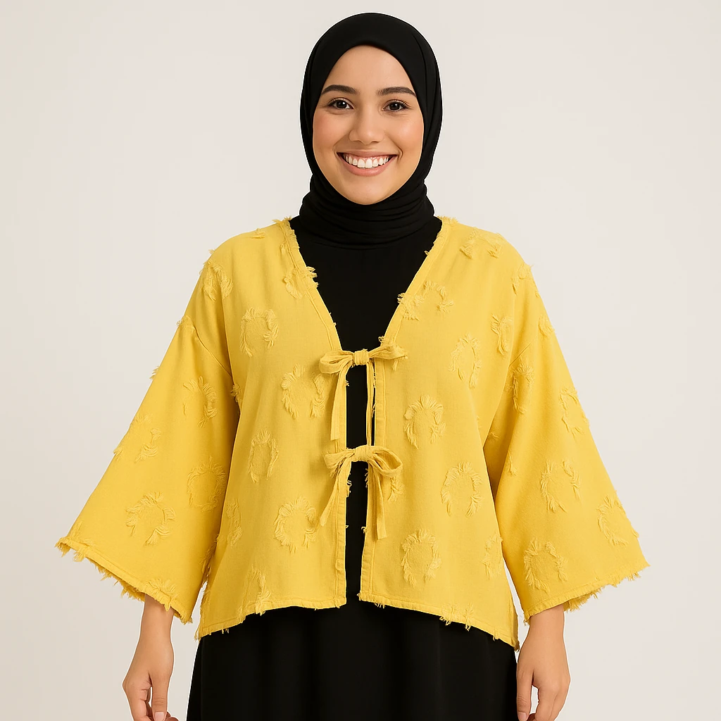 İki Bağlamalı Dokulu Crop Kimono Hırka

