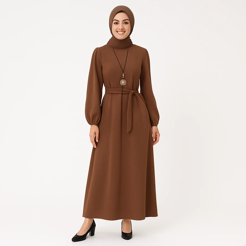 Kuşaklı Tesettür Triko Elbise