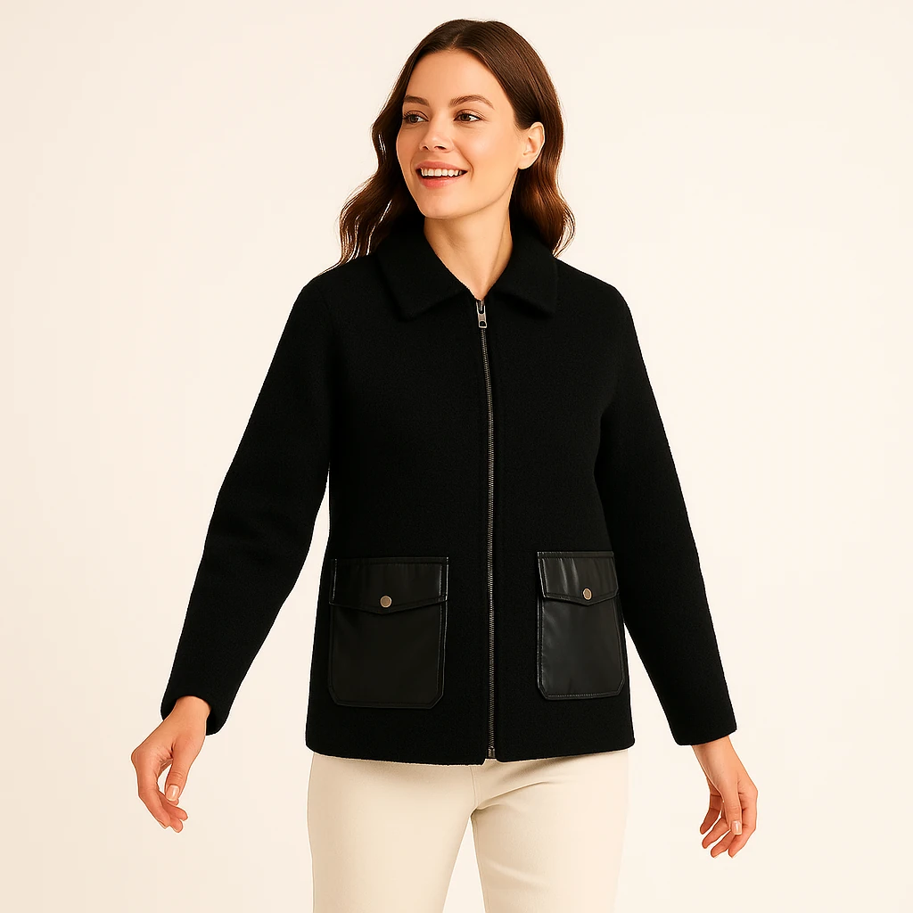 Deri cepli fermuarlı kaşe ceket