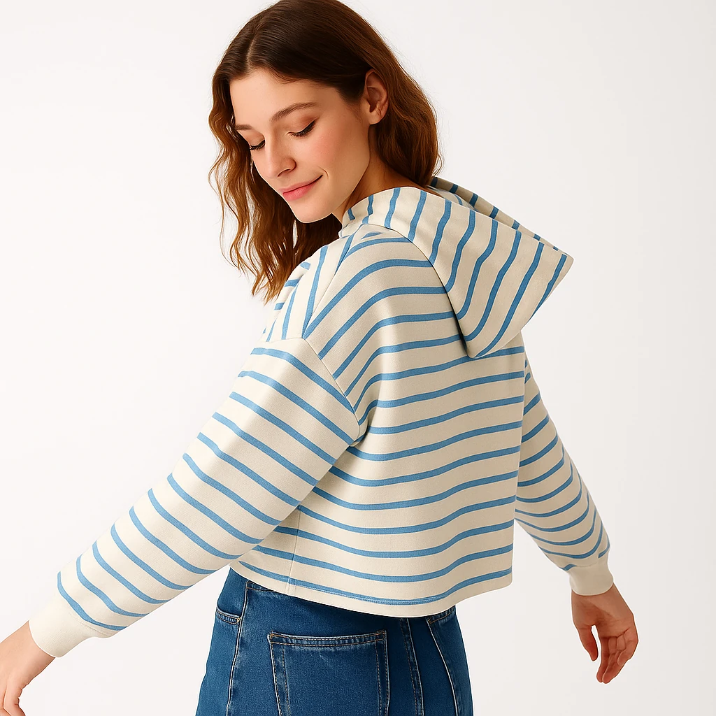 Çizgili Crop Kapüşonlu Sweat