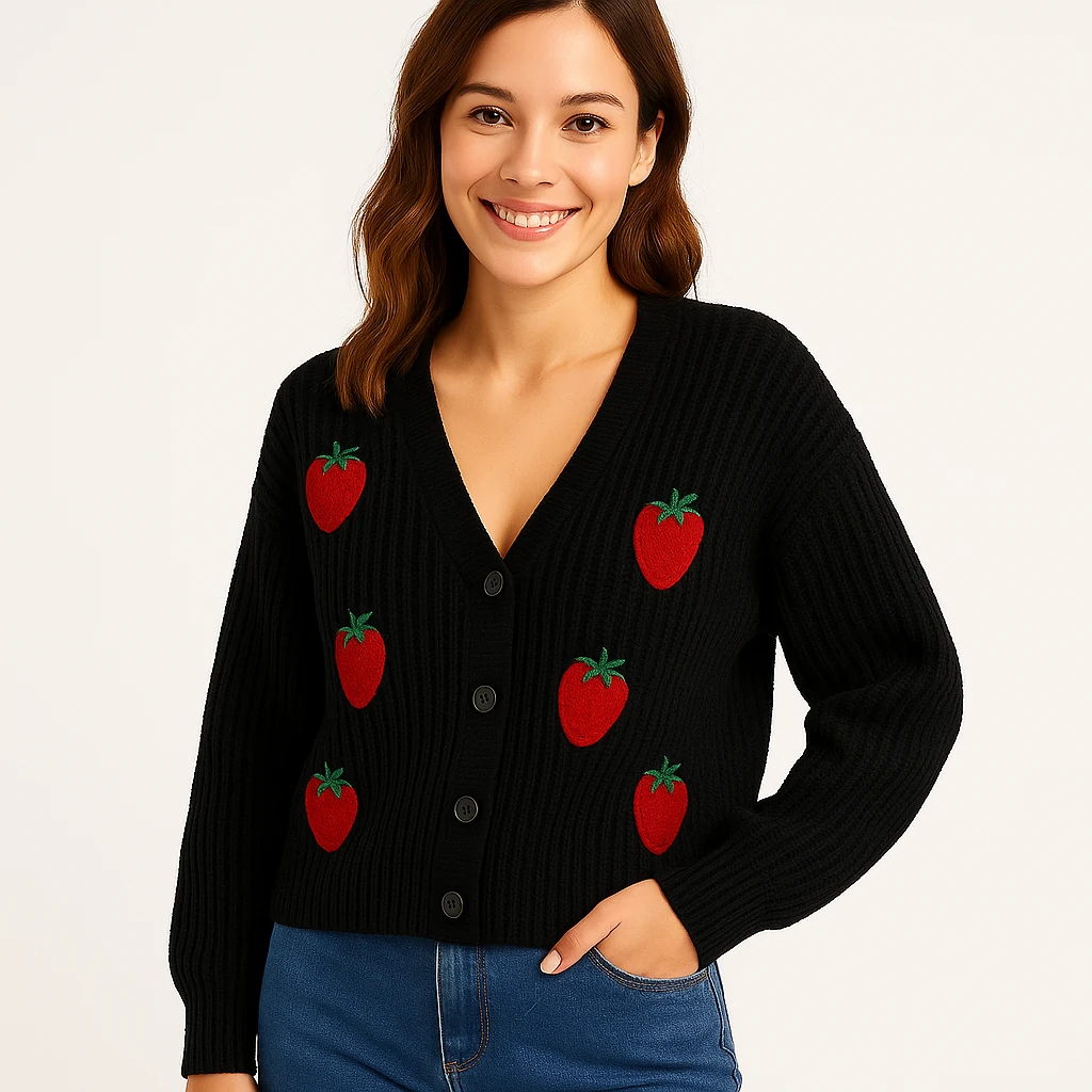 ÇİLEKLİ ÖRME CEKET