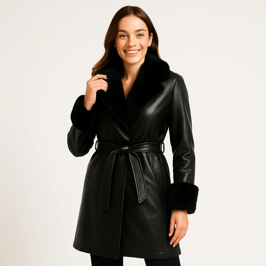 kürk yakalı ve kürk manşetli deri kaban