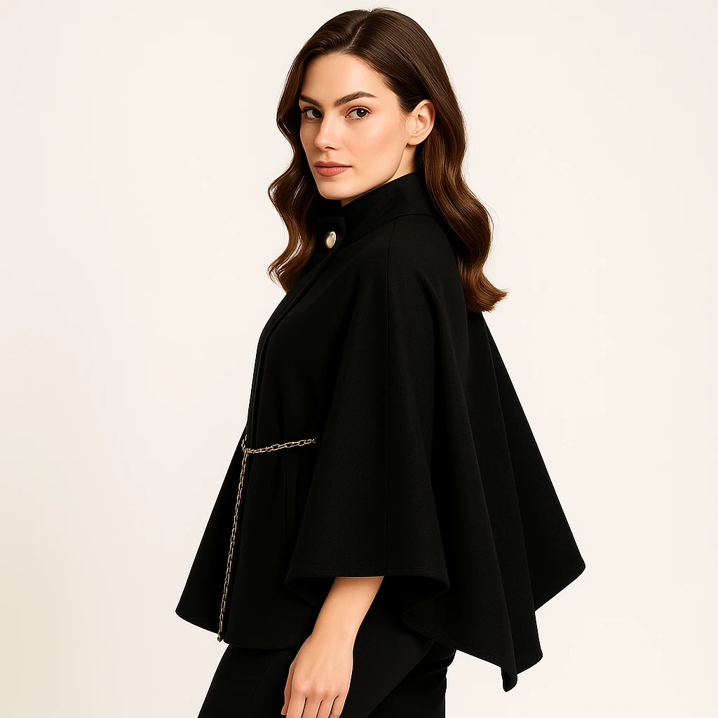 Zincir Kemerli Düğme Detaylı Kaşe Panço