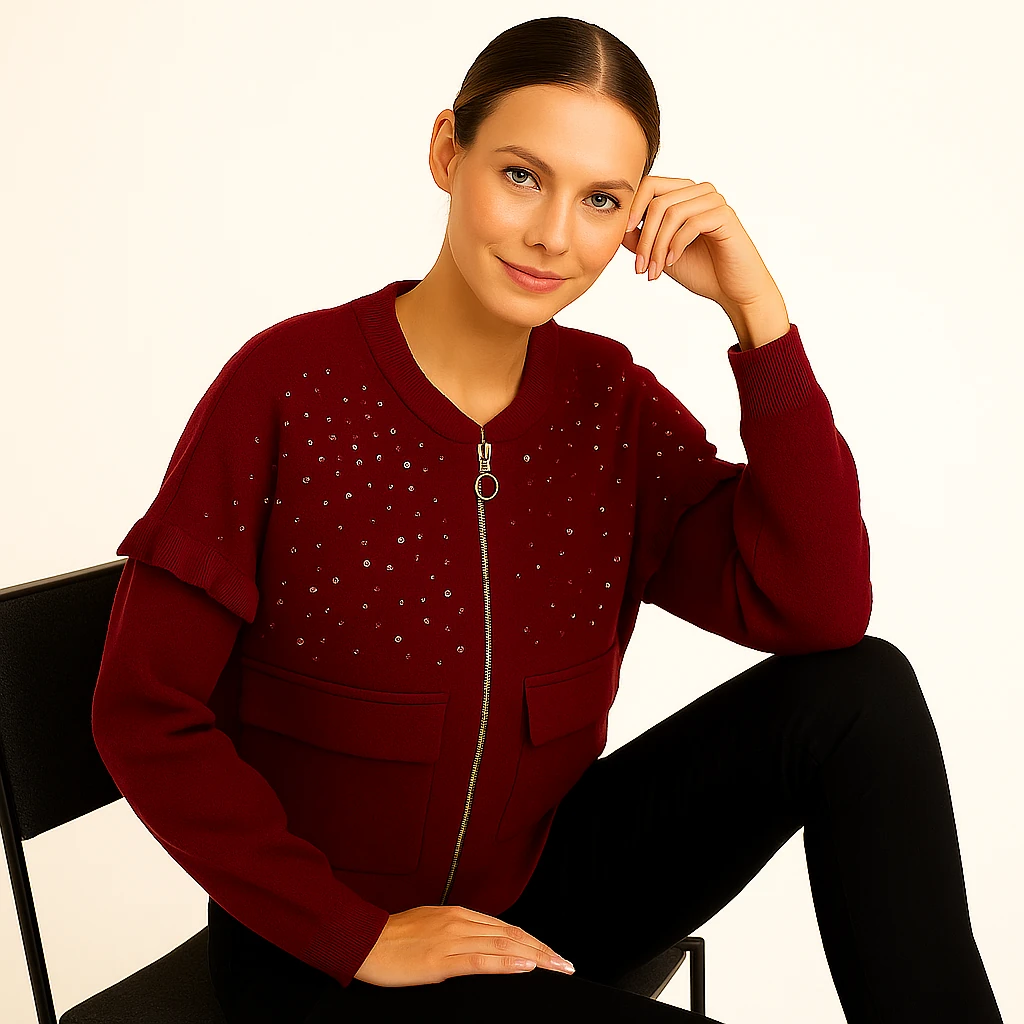 Pul detaylı cepli fermuarlı kaşe ceket