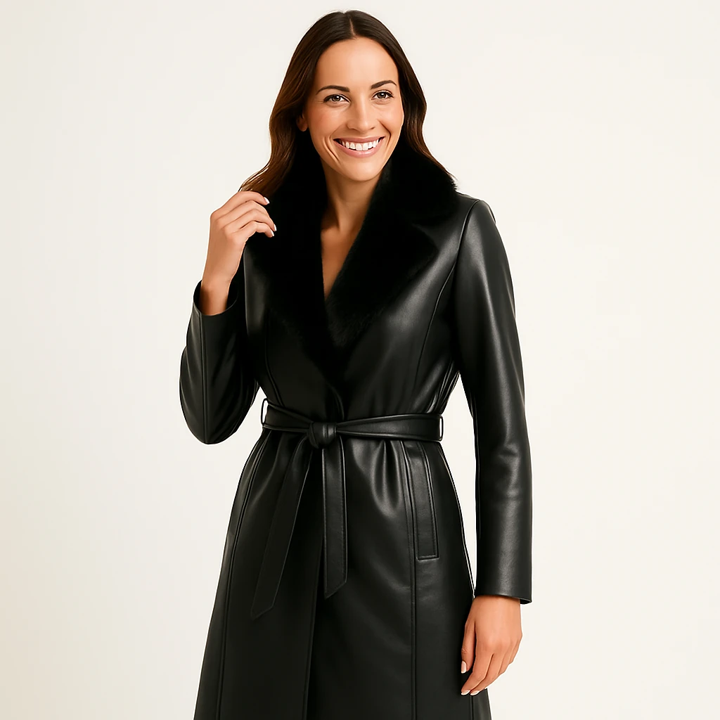 kuşaklı kürk yakalı deri kaban