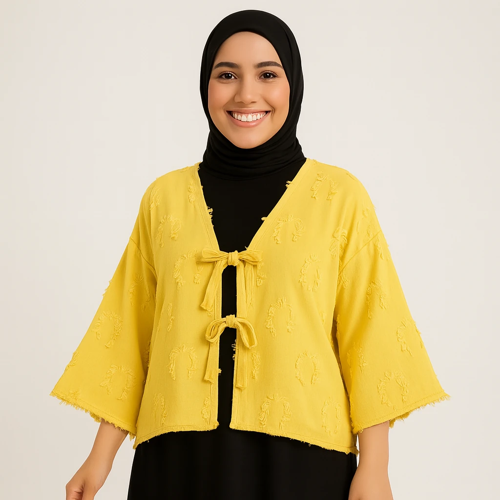 İki Bağlamalı Dokulu Crop Kimono Hırka
