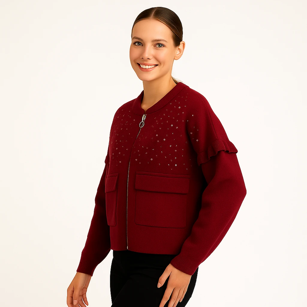 Pul detaylı cepli fermuarlı kaşe ceket