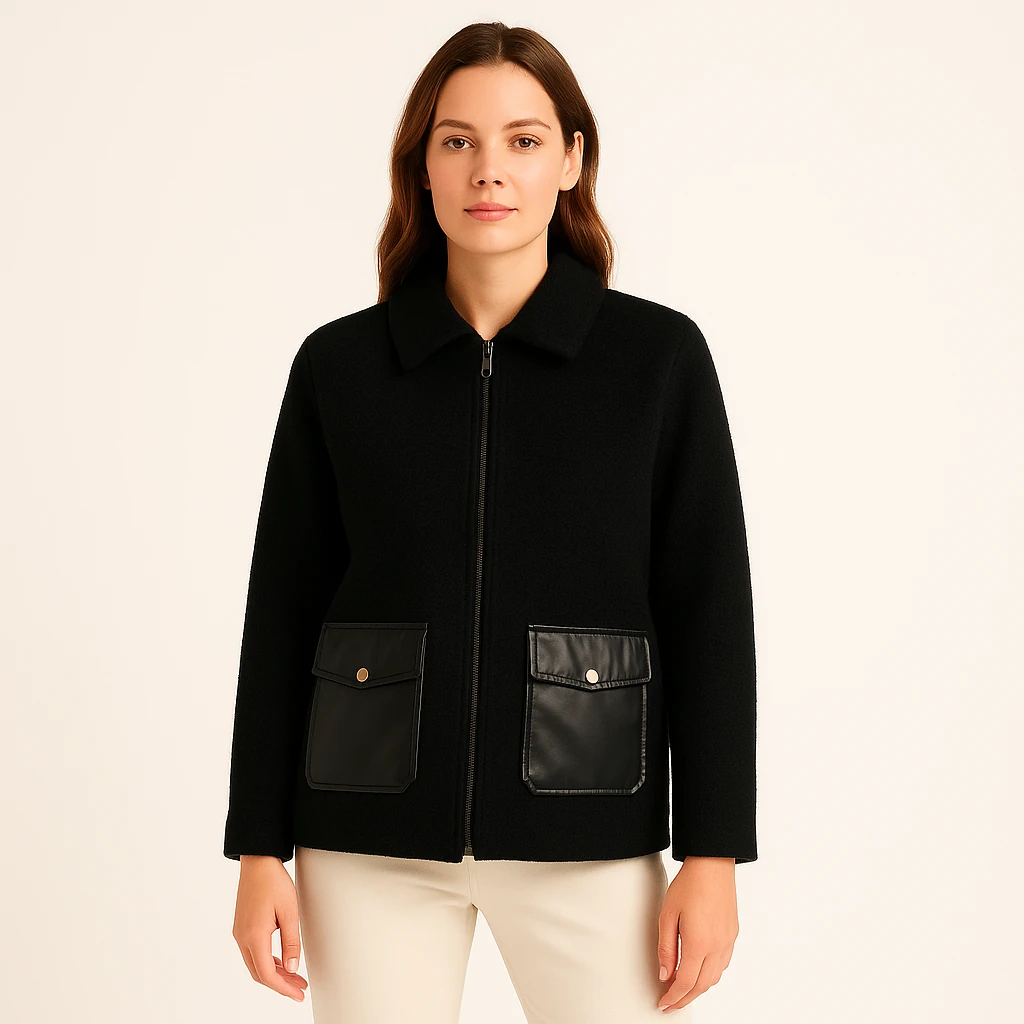 Deri cepli fermuarlı kaşe ceket