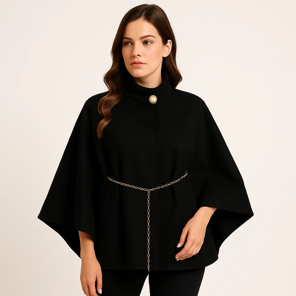 Zincir Kemerli Düğme Detaylı Kaşe Panço