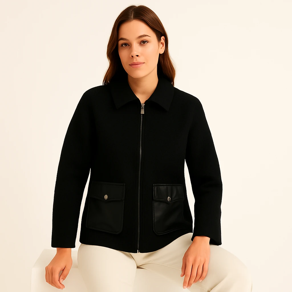 Deri cepli fermuarlı kaşe ceket