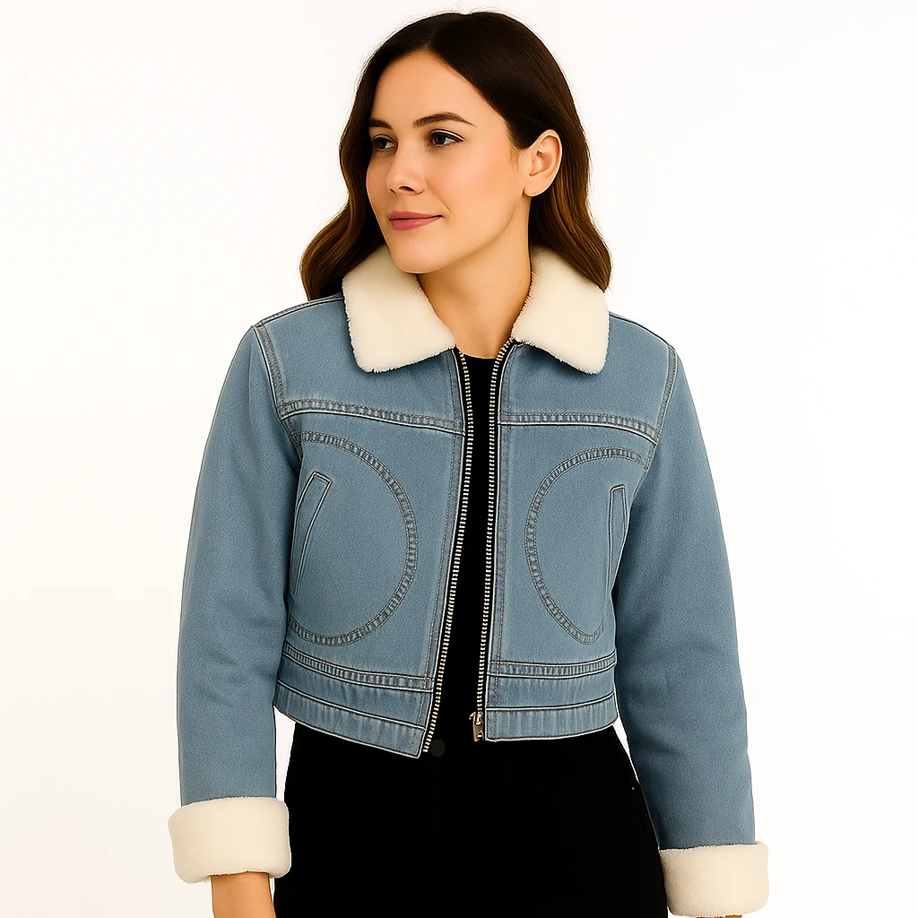 Kürk Yaka ve Manşet Detaylı Kot Ceket