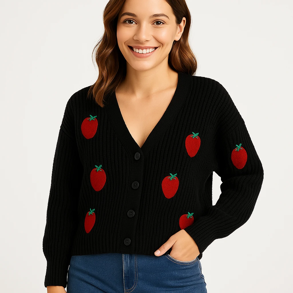 ÇİLEKLİ ÖRME CEKET