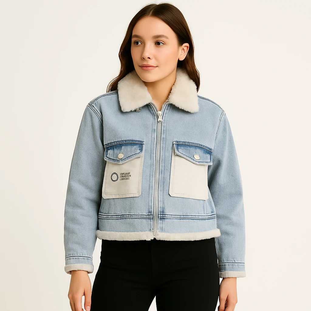 
Kürk Detaylı Açık Mavi Denim Kısa Ceket