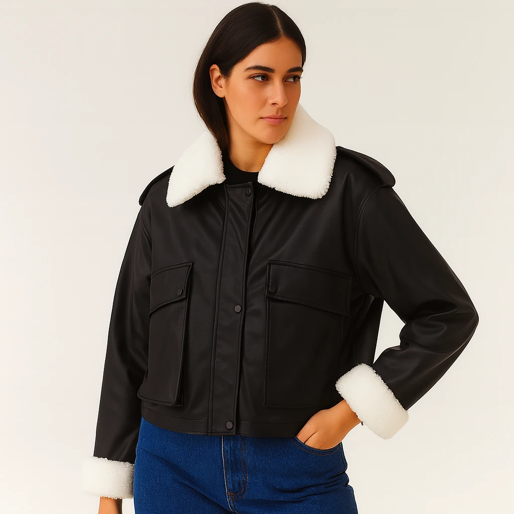 Shearling Yaka Deri Görünümlü Kısa Mont