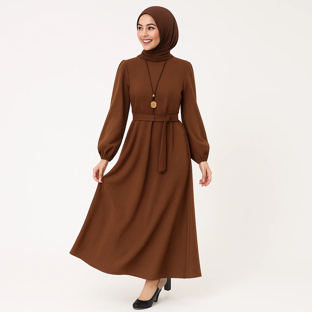 Kuşaklı Tesettür Triko Elbise