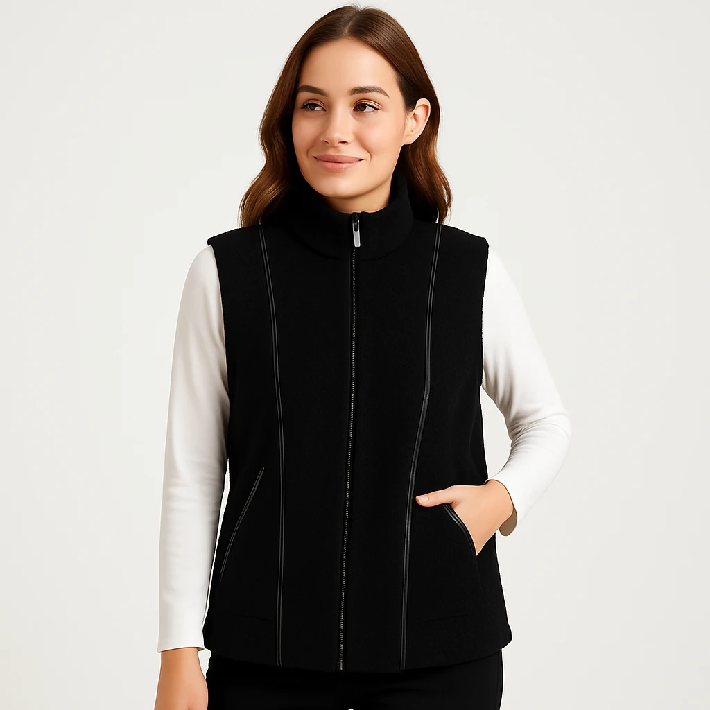 Dikiş Detaylı Kaşe Kumaş Fermuarlı Yelek