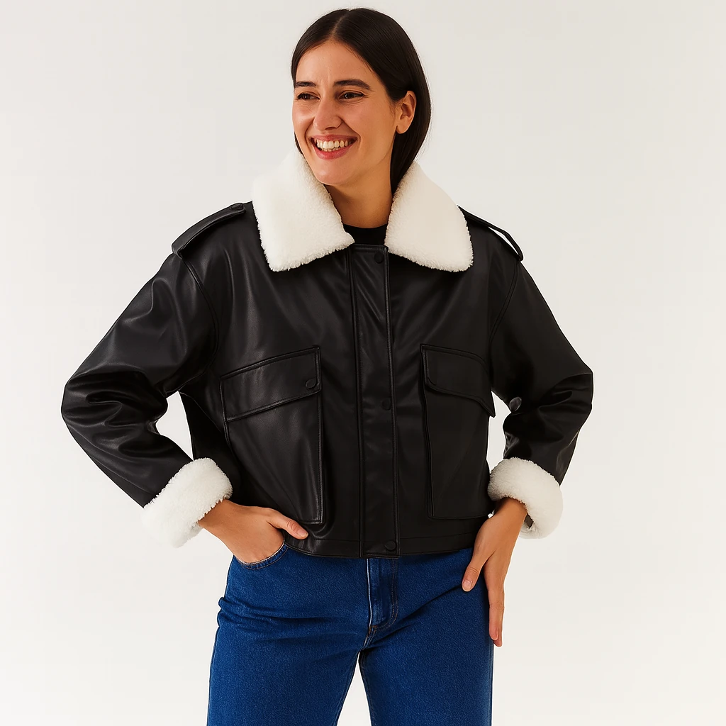 Shearling Yaka Deri Görünümlü Kısa Mont