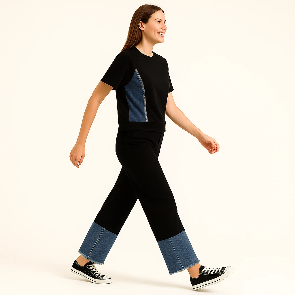 Denim Detaylı Siyah İkili Takım