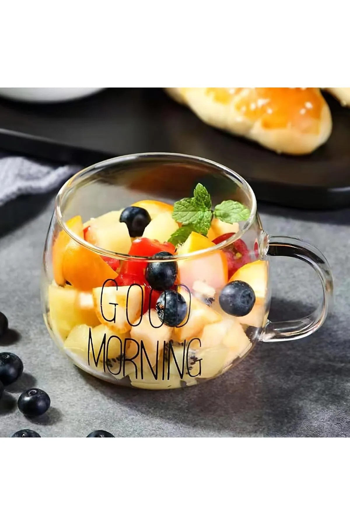 Good Morning Kulplu Yuvarlak Kupa Cam Bardak 400ml.