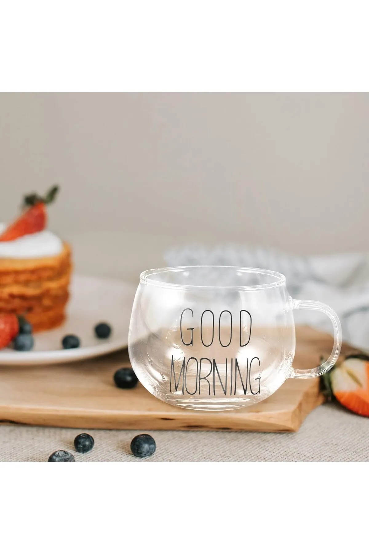 Good Morning Kulplu Yuvarlak Kupa Cam Bardak 400ml.