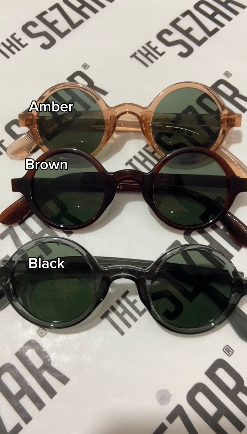 Vintage men round amber sunglasses, Small round sunglasses, 1940s sunglasses, Black hippie rounded sunglasses, Orange circle sunglasses