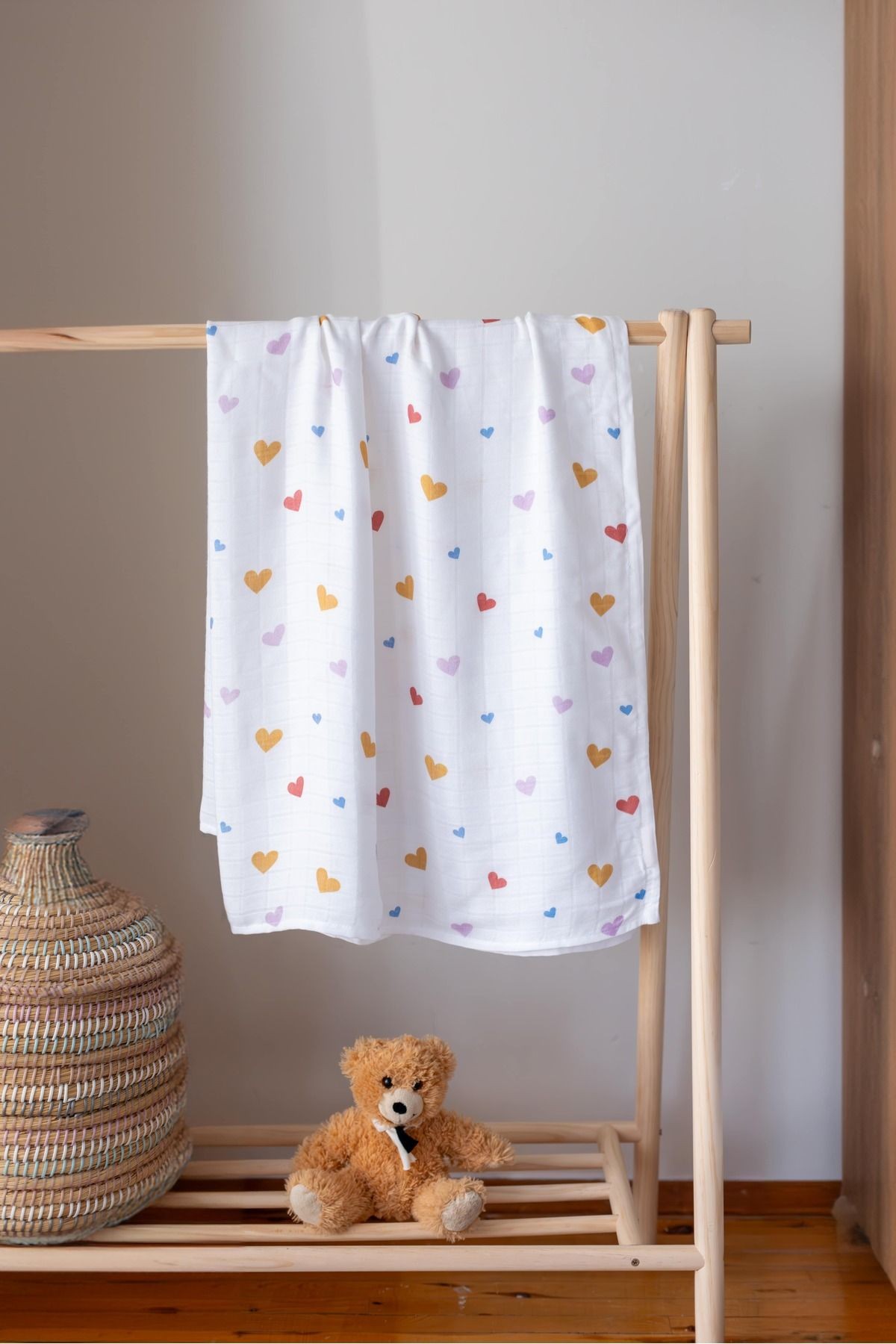 Müslin Bambu Bebek Battaniyesi – Müslin Örtü - Gökkuşağı & Kalp Set