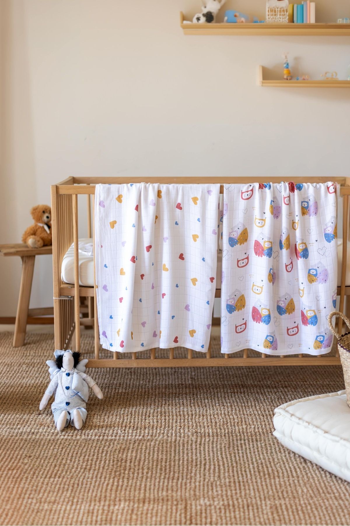 Müslin Bambu Bebek Battaniyesi – Müslin Örtü - Baykuş & Kalp Set