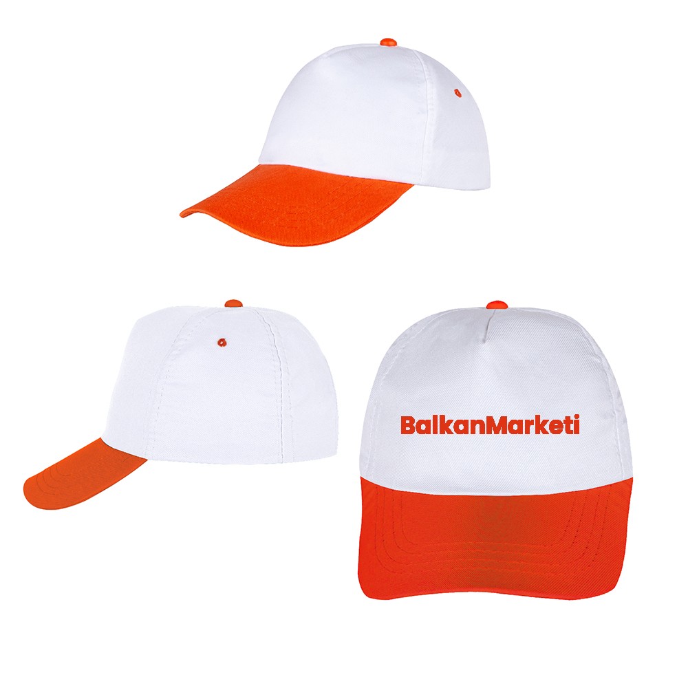 Baskılı Polyester Renkli Güneş Şapka - Turuncu Beyaz 50 Adet