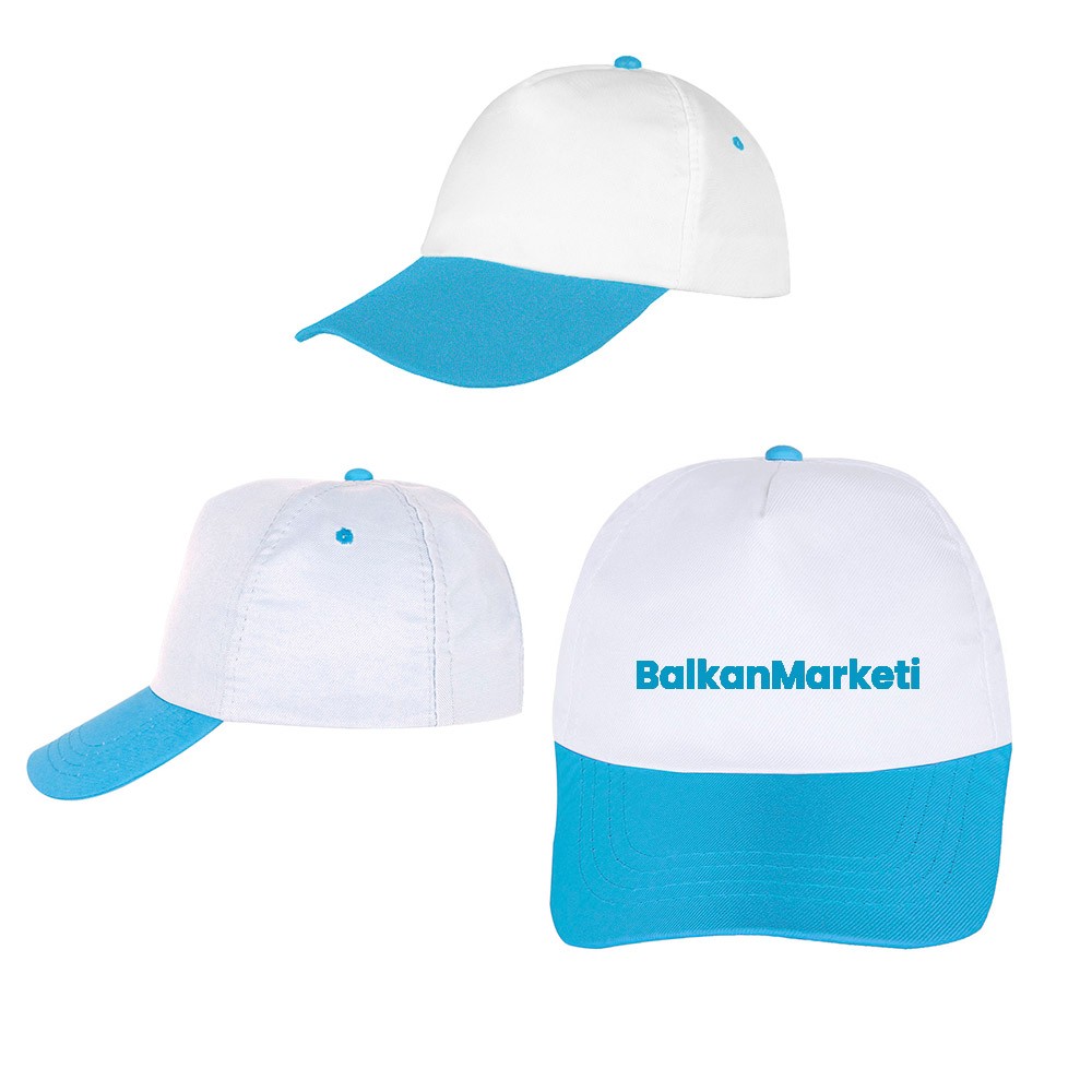 Baskılı Polyester Renkli Güneş Şapka - Turkuaz Beyaz 50 Adet