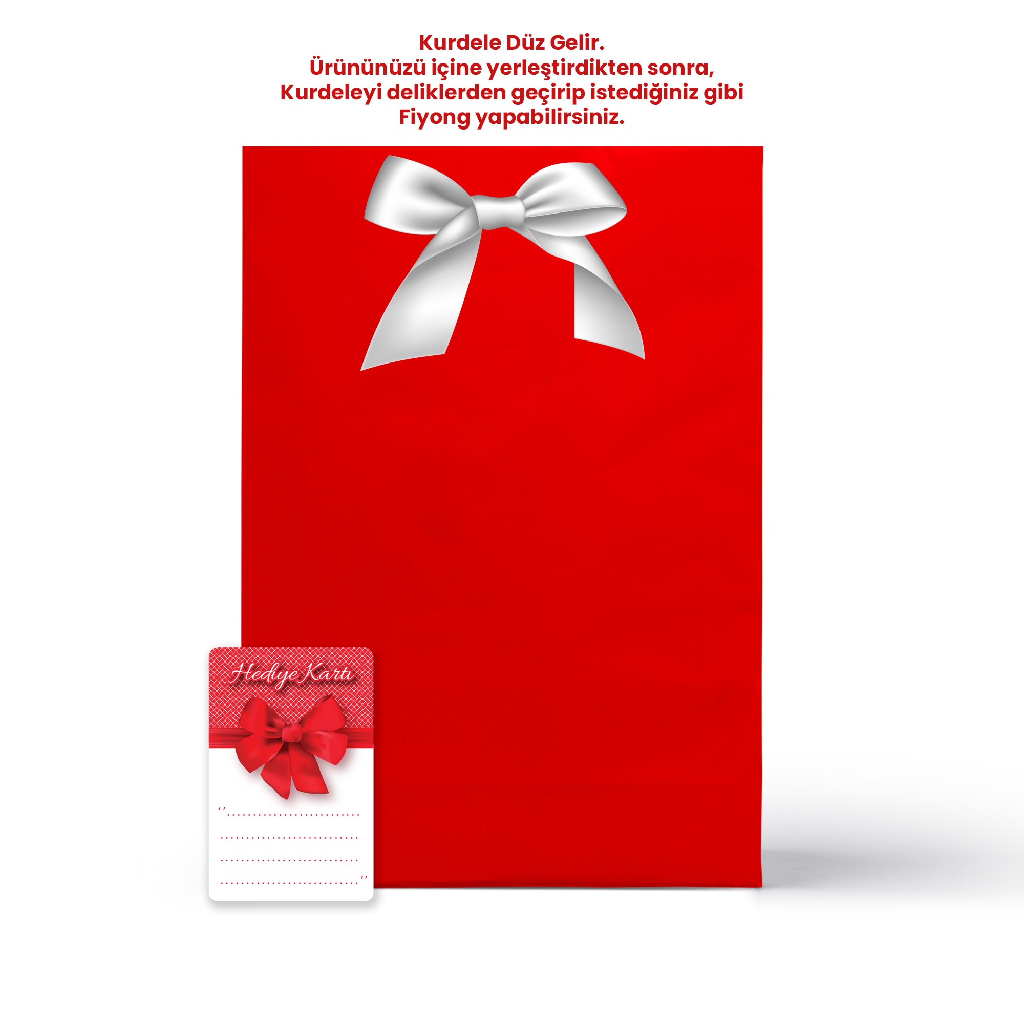 Kırmızı Karton Hediye Paketi Poşeti (Kurdele ve Hediye Not Kartı) 36x25x9cm - Beyaz Kurdeleli Ürün