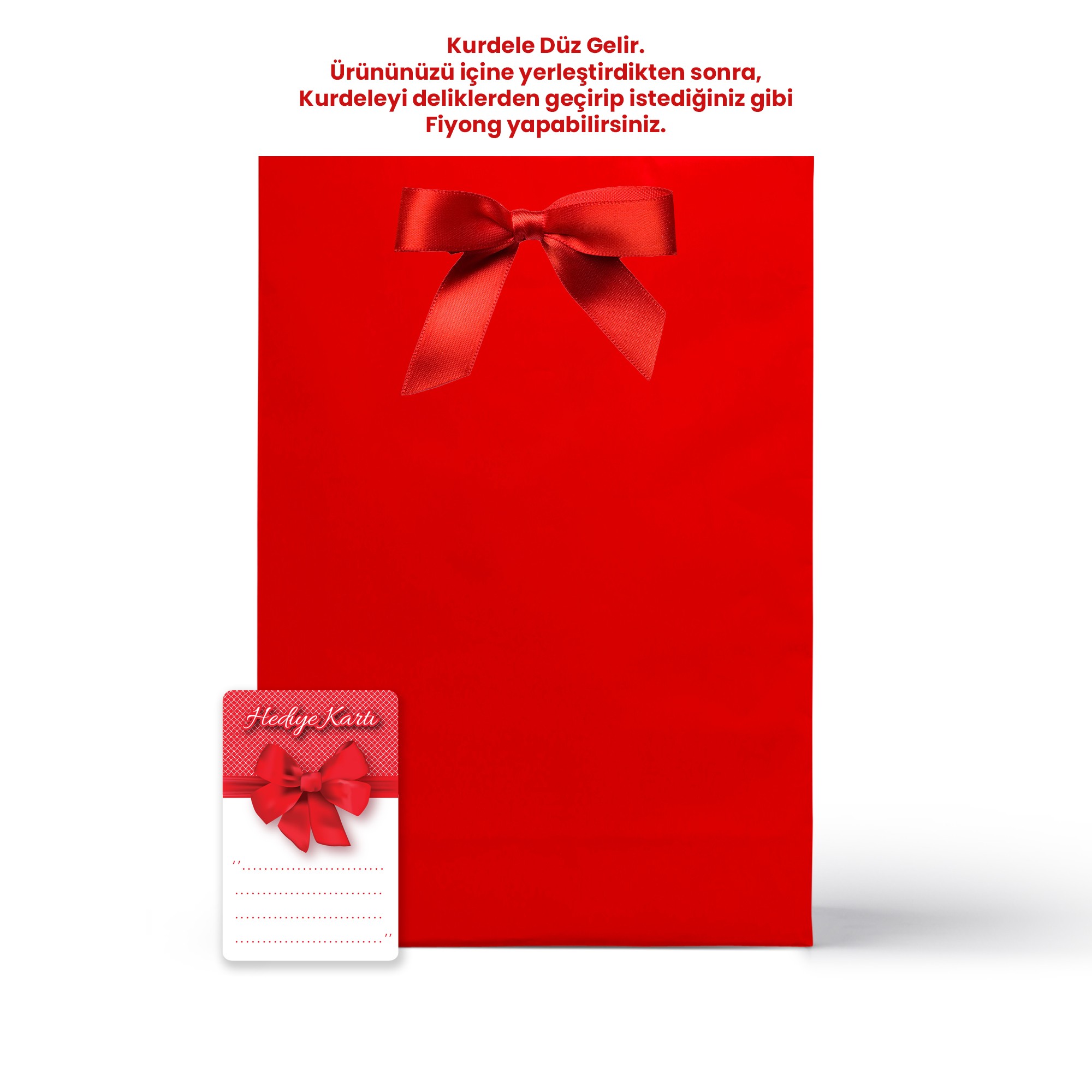 Kırmızı Karton Hediye Paketi Poşeti (Kurdele ve Hediye Not Kartı) 36x25x9cm - Kırmızı Kurdeleli Ürün