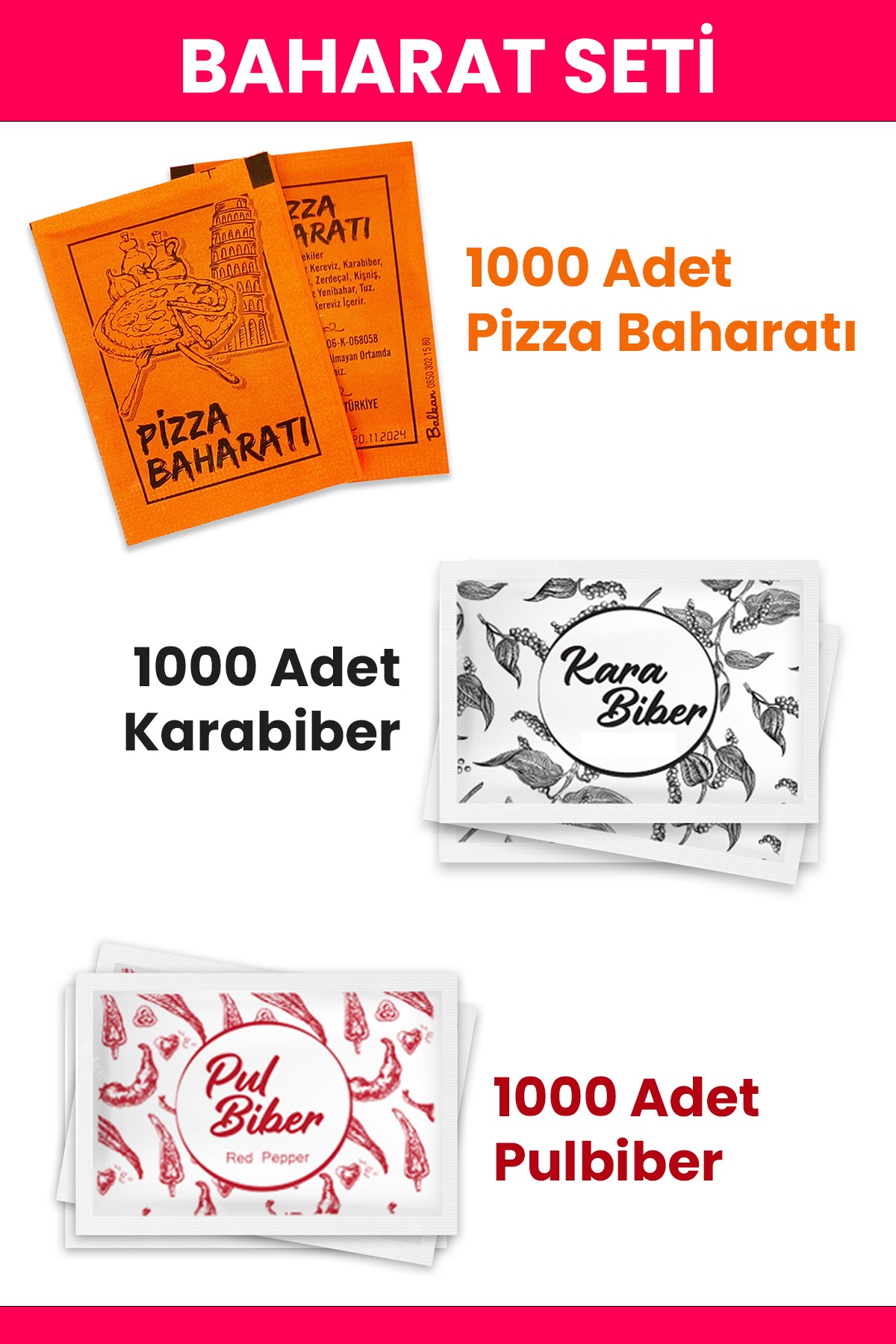 Baharat Seti - Pizza Baharatı 1000 - Karabiber 1000 - Pulbiber 1000 Adet