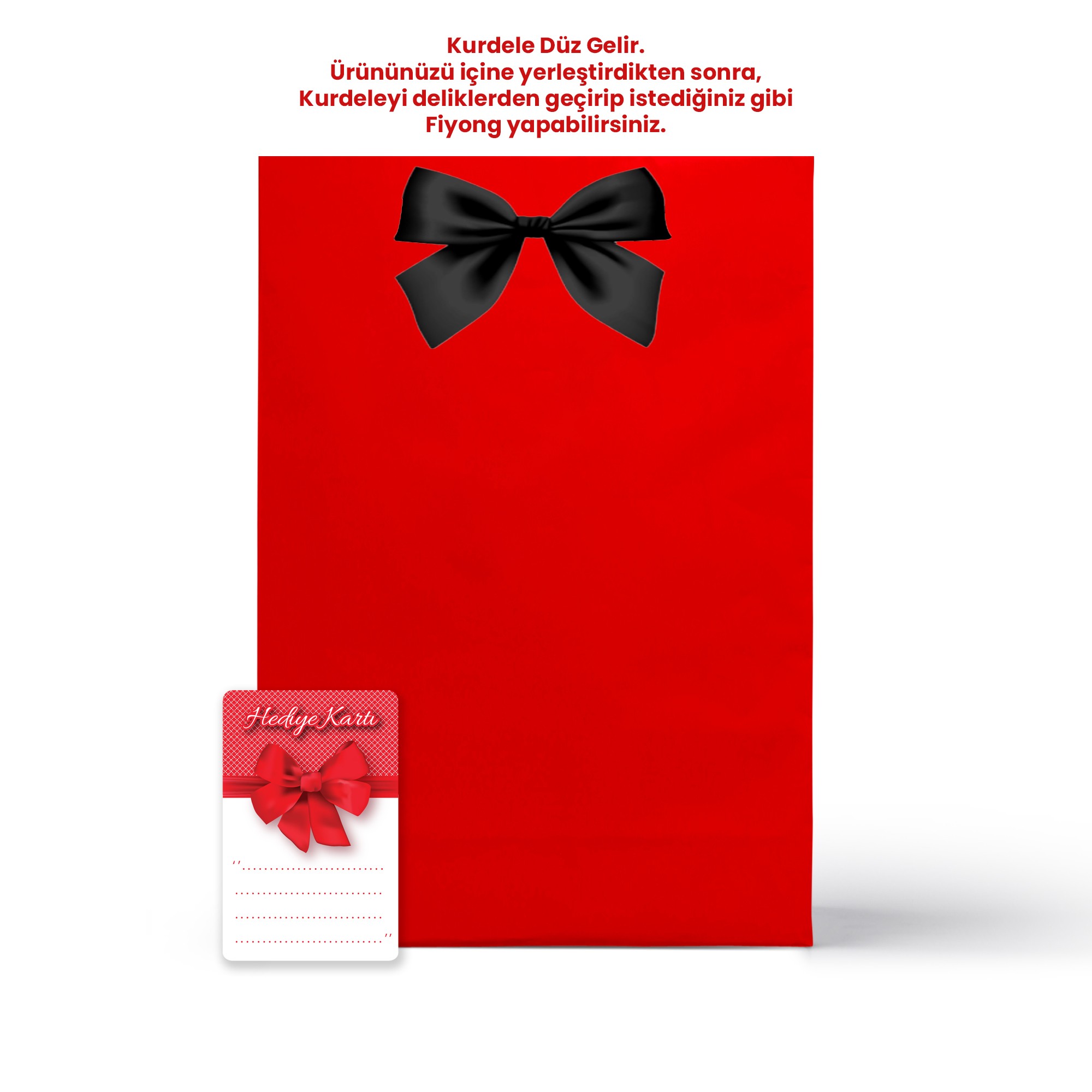 Kırmızı Karton Hediye Paketi Poşeti (Kurdele ve Hediye Not Kartı) 36x25x9cm - Siyah Kurdeleli Ürün
