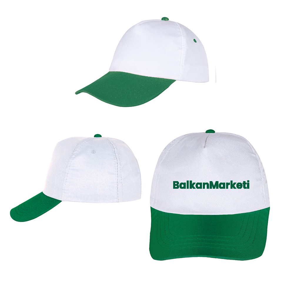 Baskılı Polyester Renkli Güneş Şapka - Yeşil Beyaz 50 Adet