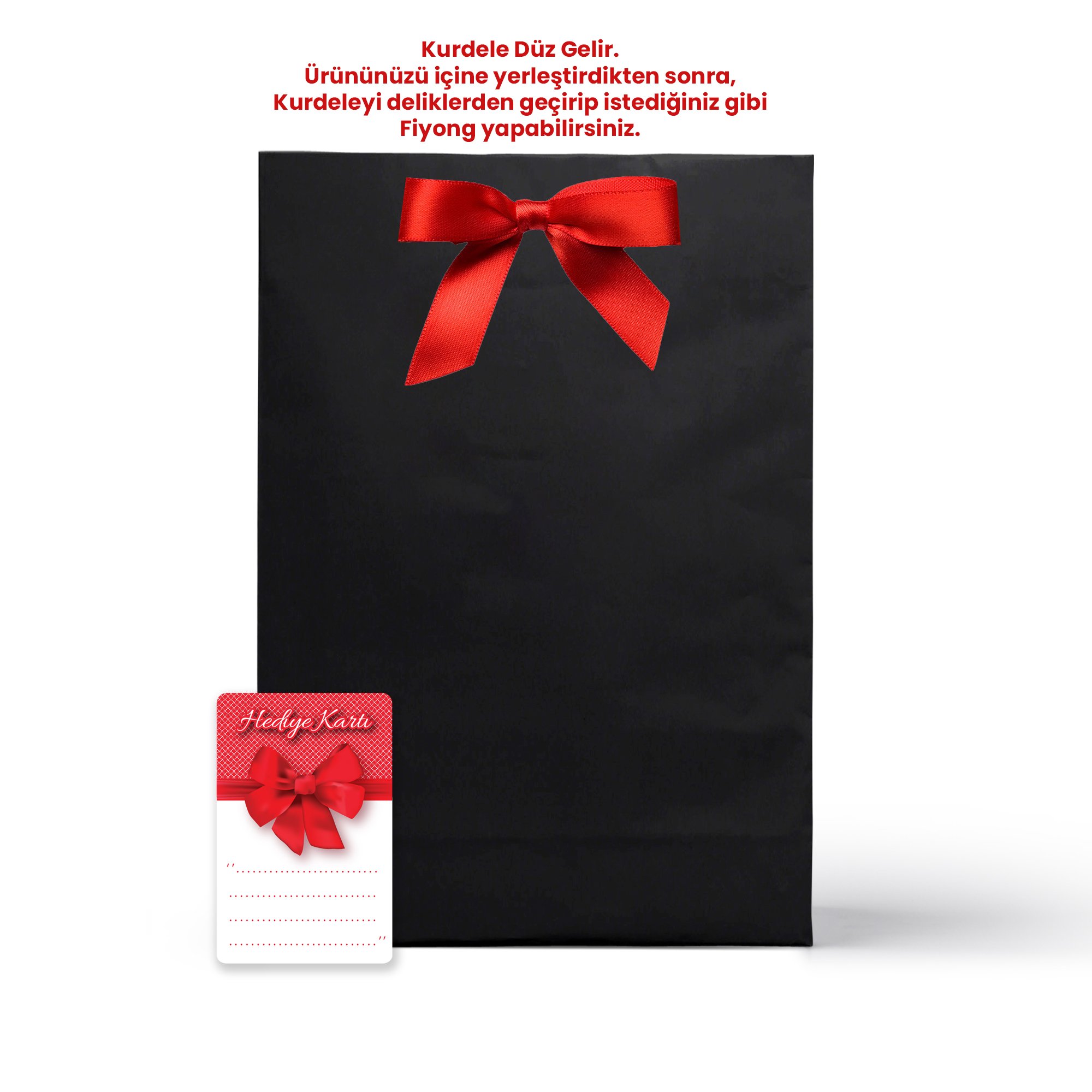 Siyah Karton Hediye Paketi Poşeti (Kurdele ve Hediye Not Kartı) 36x25x9cm - Kırmızı Kurdeleli Ürün