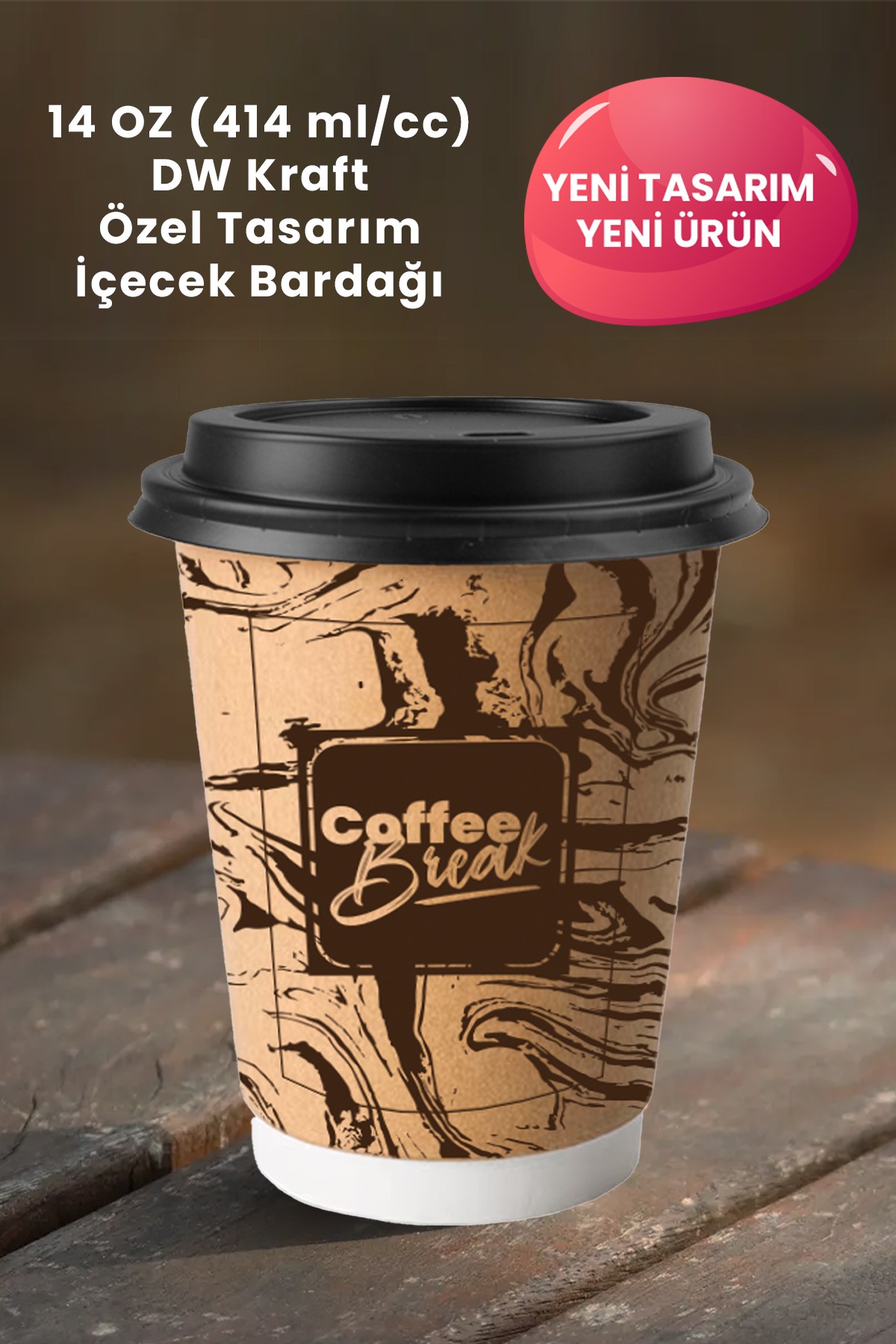 Tek Kullanımlık Karton Standart Bardak Modelleri - 20 Adet - 14Oz Baskılı Kapaklı DW Kraft Bardak