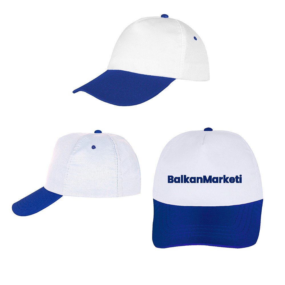 Baskılı Polyester Renkli Güneş Şapka - Mavi Beyaz 50 Adet