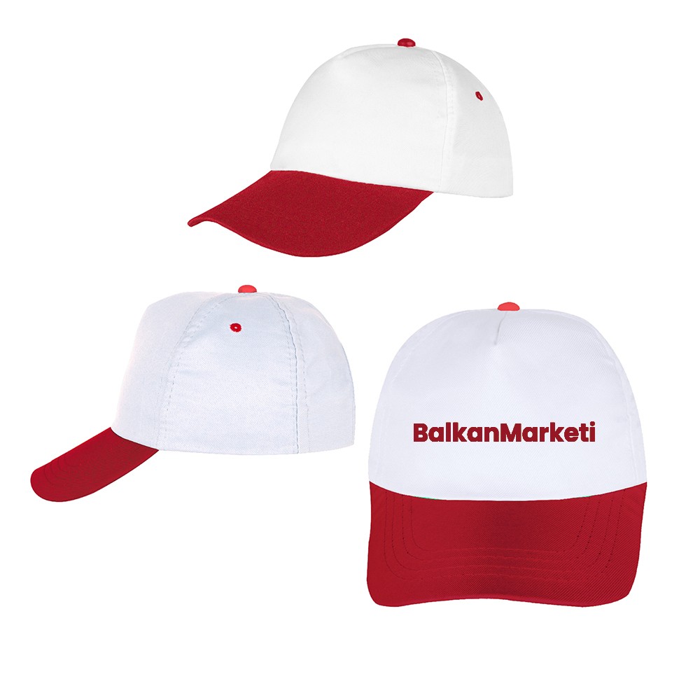 Baskılı Polyester Renkli Güneş Şapka - Kırmızı Beyaz 50 Adet