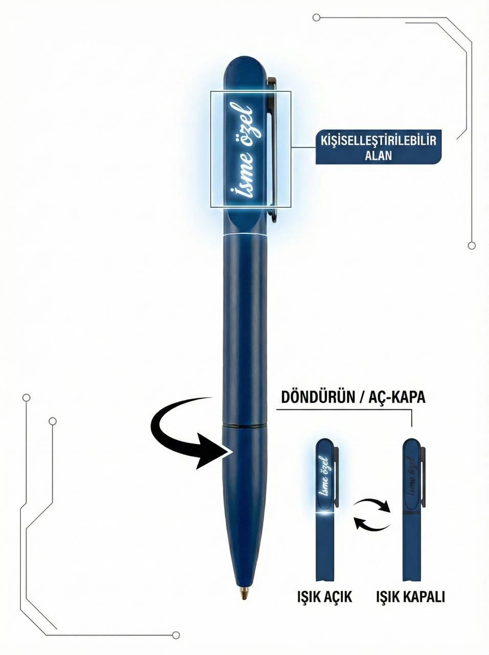 Özel Işıklı Kişisel Metal Tükenmez Kalem Tek yön Lazer Baskı - 1 Adet
