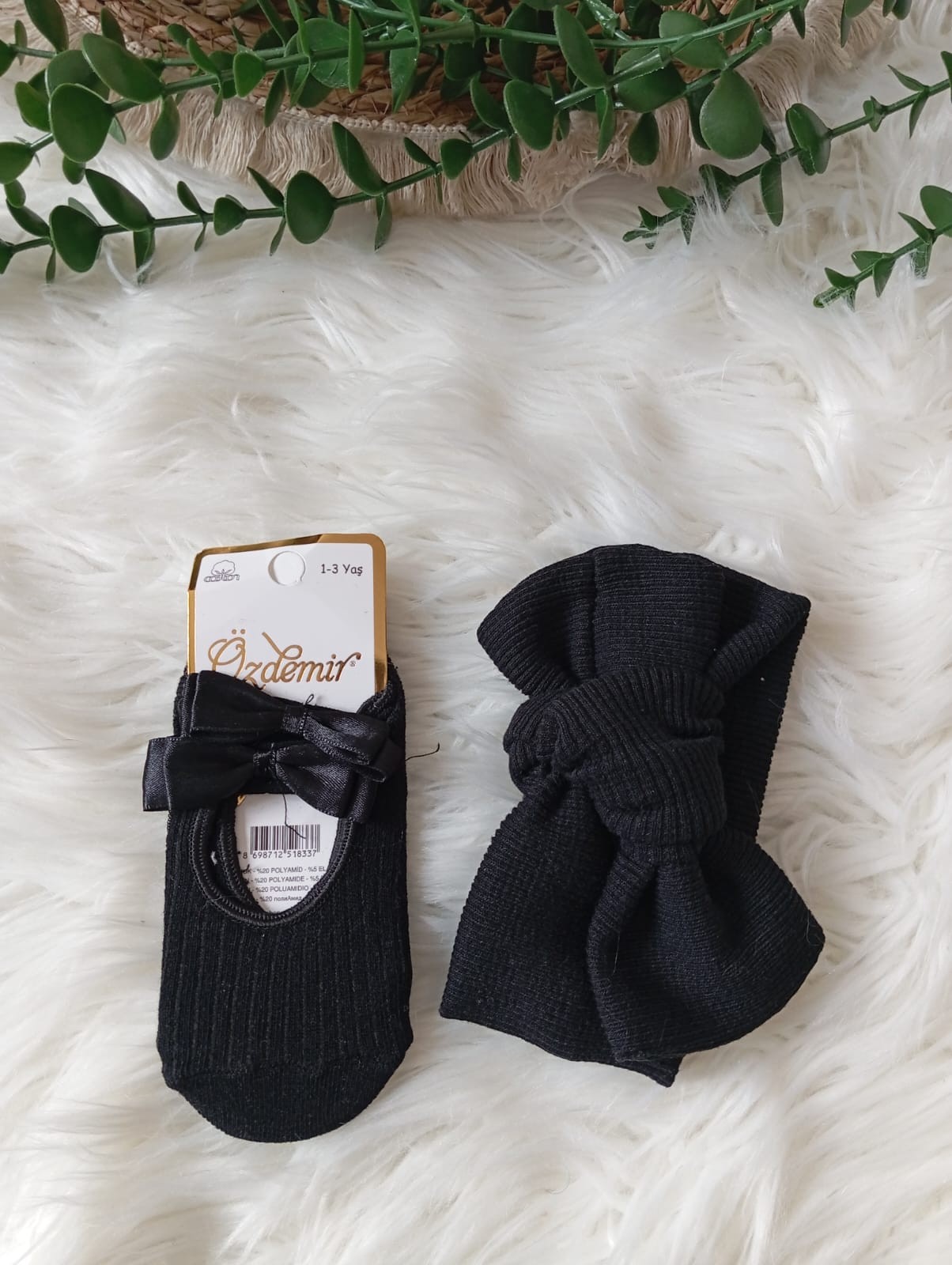 Kız Bebek Siyah Fiyonk Babet Çorap Bandana Set 0-3 Yaş Uyumlu 