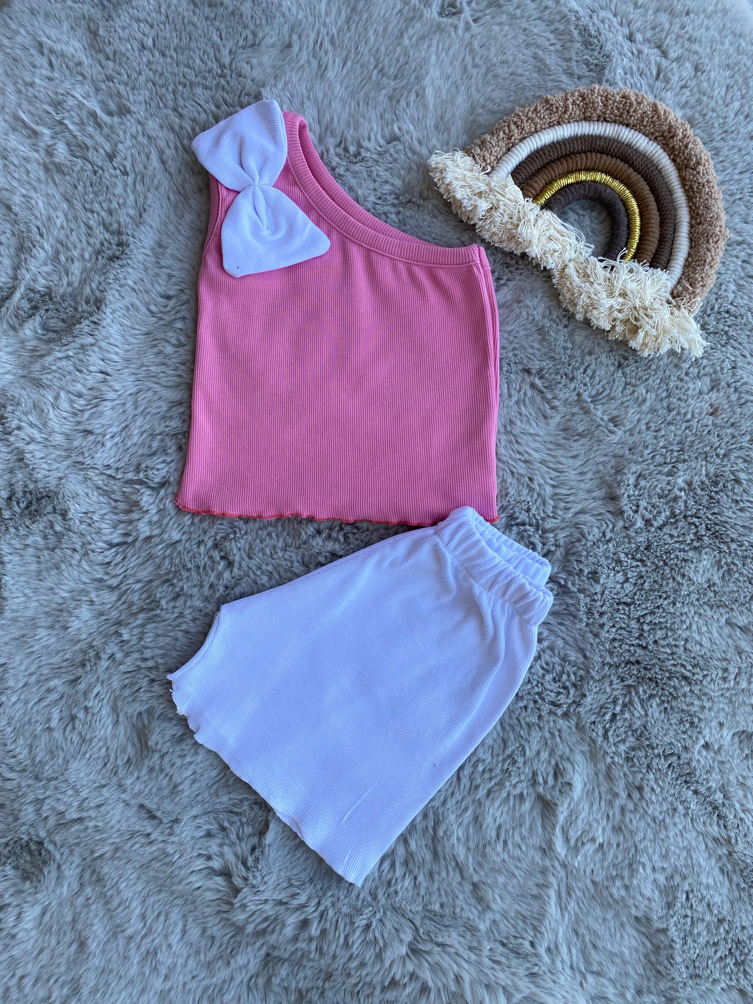 Kız Çocuk Tek Omuz Detay Crop Takım Pembe 