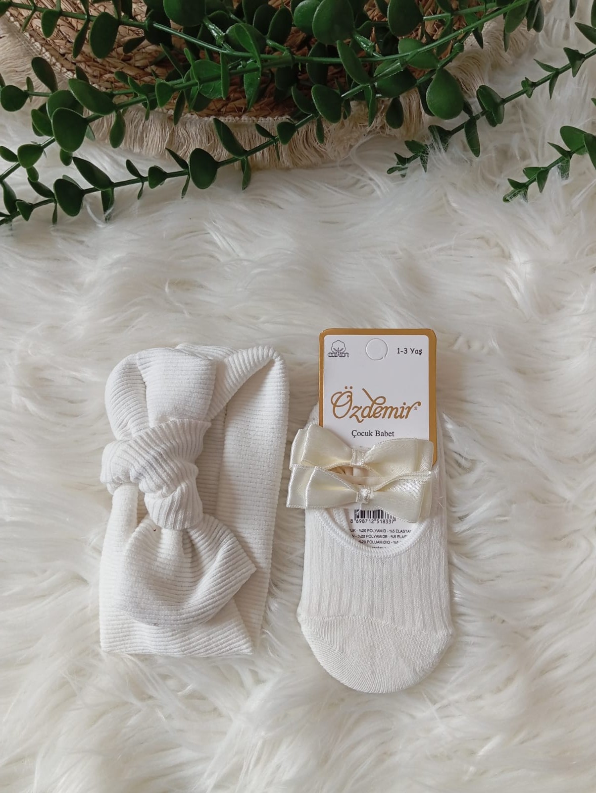 Kız Bebek Beyaz Fiyonk Babet Çorap Bandana Set 0-3 Yaş Uyumlu 