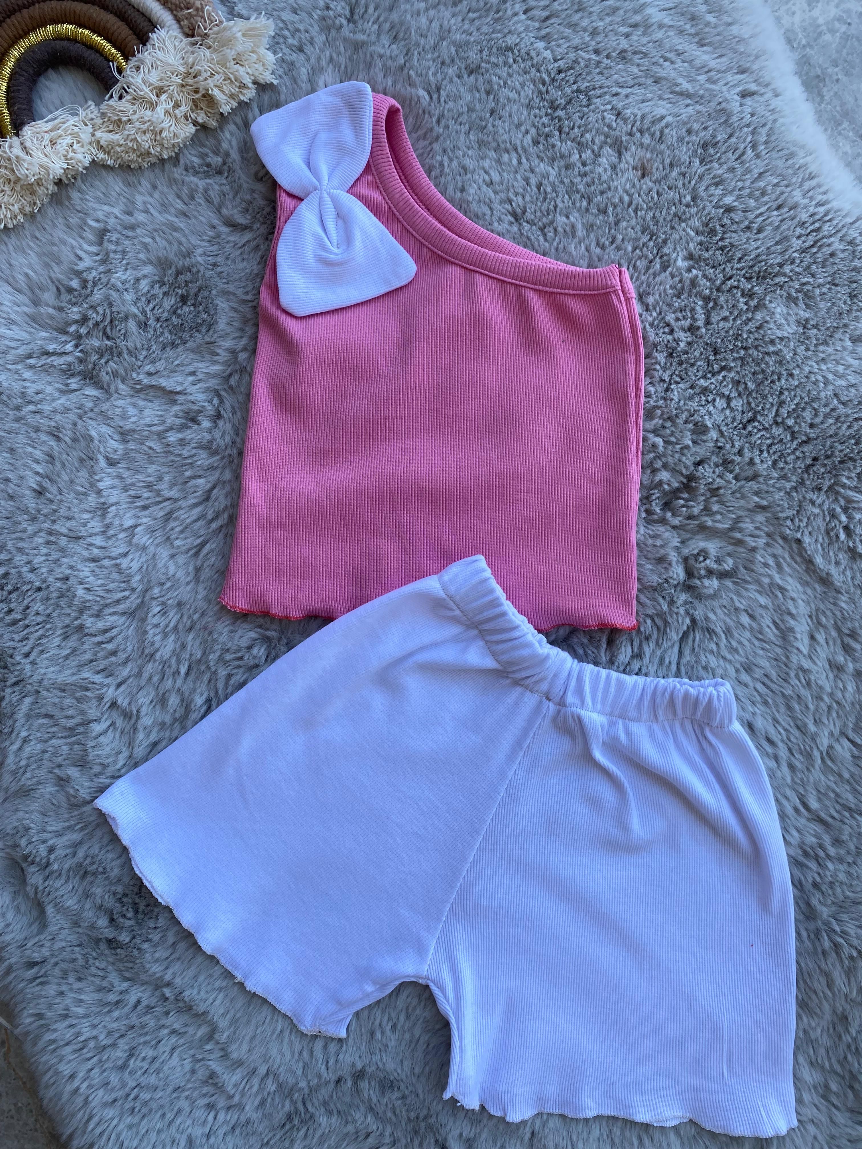 Kız Çocuk Tek Omuz Detay Crop Takım Pembe 