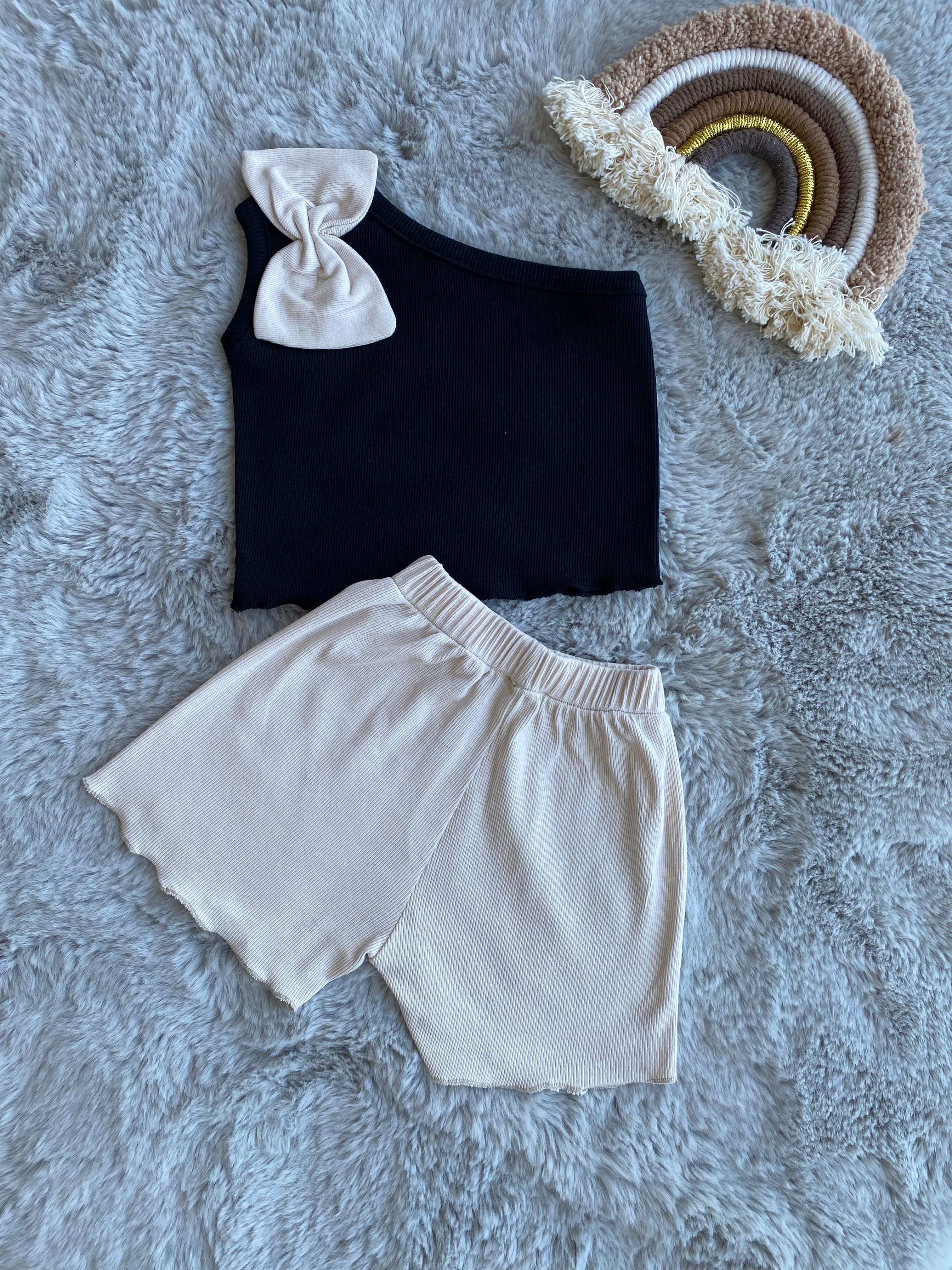 Kız Çocuk Tek Omuz Detaylı Crop Takım 
