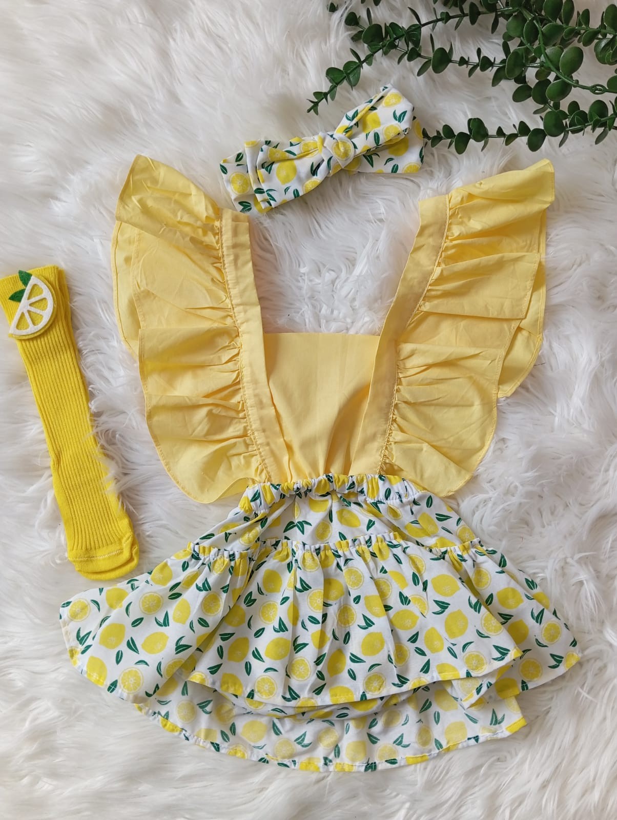 Limon Salopet Elbise Çorap Bandana Set