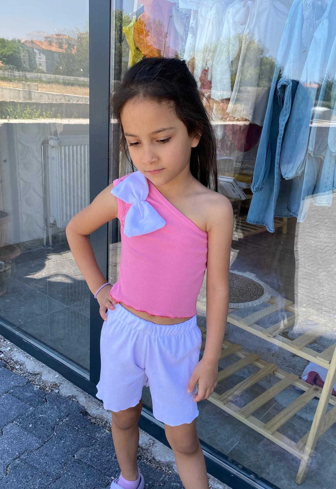 Kız Çocuk Tek Omuz Detay Crop Takım Pembe 